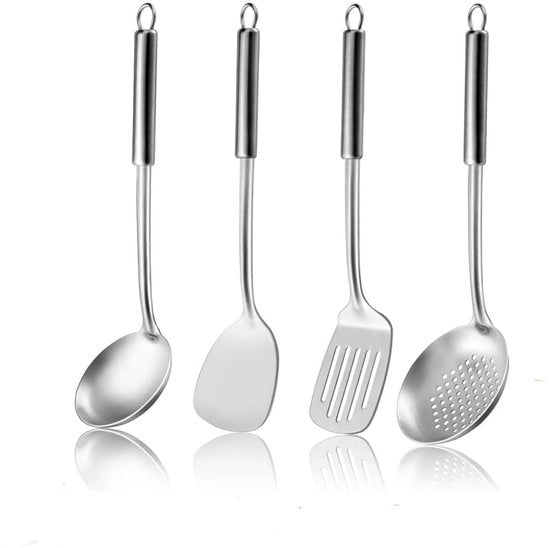 Set di cottura in acciaio inox con 4 accessori: spatola, cucchiaio, coperchio e spatola, con lunga maniglia e set di cottura per wok
