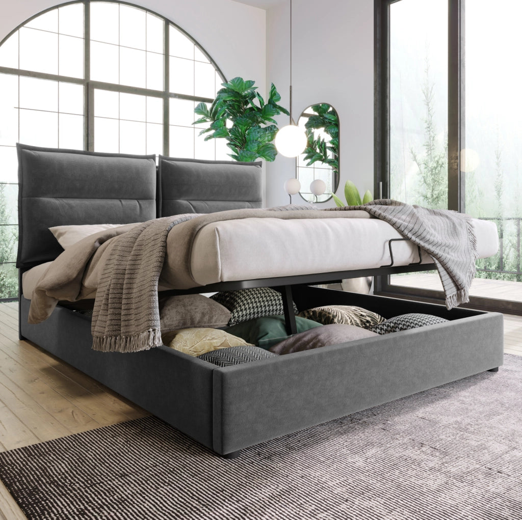 Letto matrimoniale contenitore 140x200 cm con testiera regolabile; velluto grigio