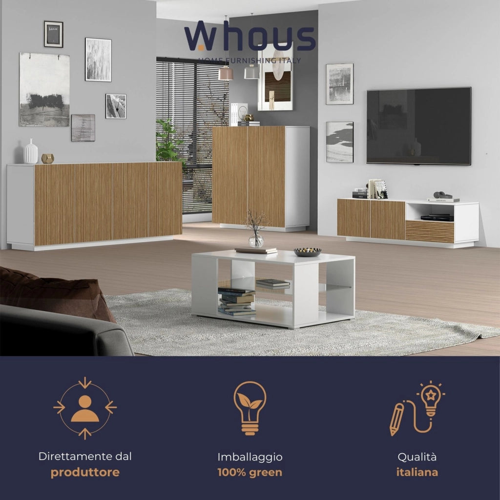 WHOUS Credenza Coste a 4 ante effetto cannetè bianco opaco e legno chiaro 200x43x86 cm