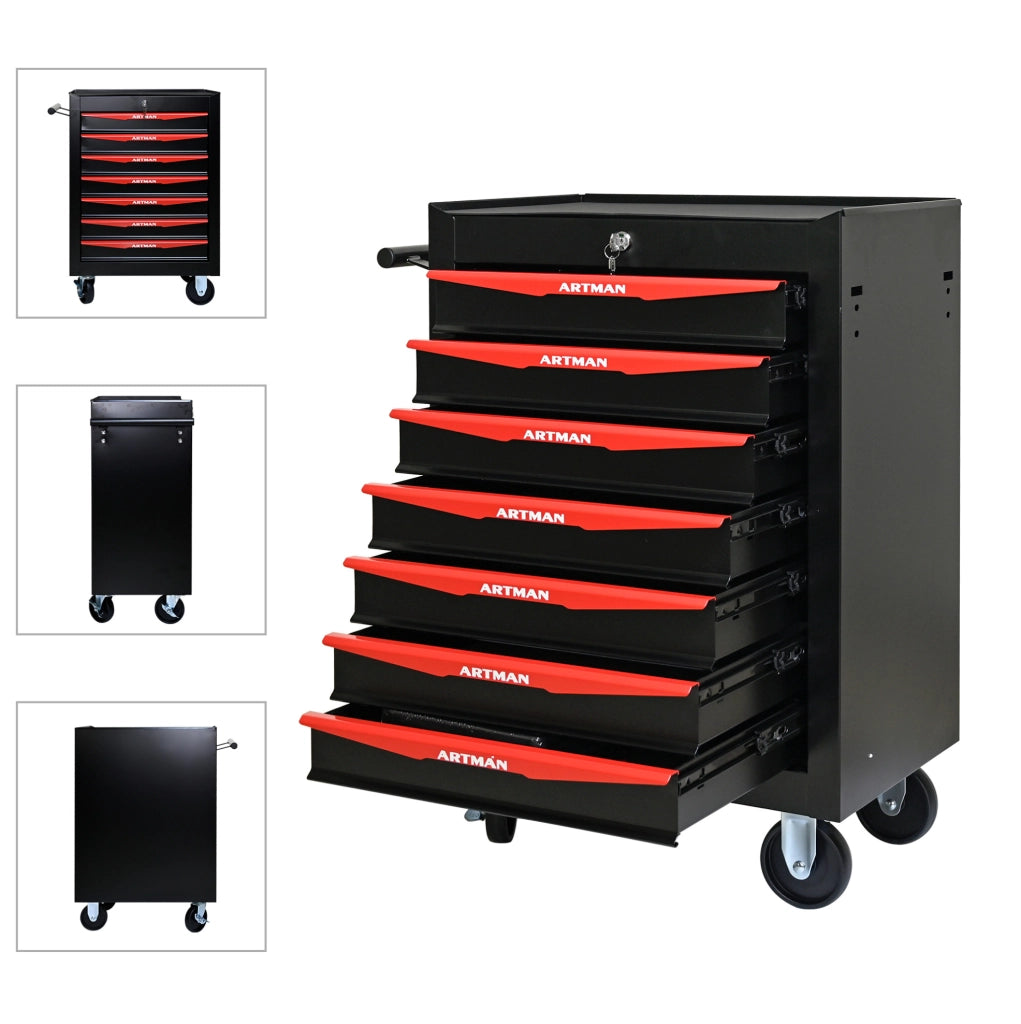 Carrello portautensili mobile in acciaio con 7 cassetti, 60x33x77,5 cm, colore nero e rosso