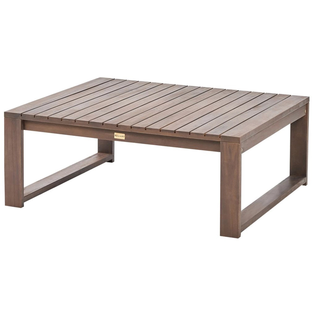 Salotto da giardino 4 posti in legno d'acacia chiaro con cuscini color tortora e tavolo lato destro esterno moderno