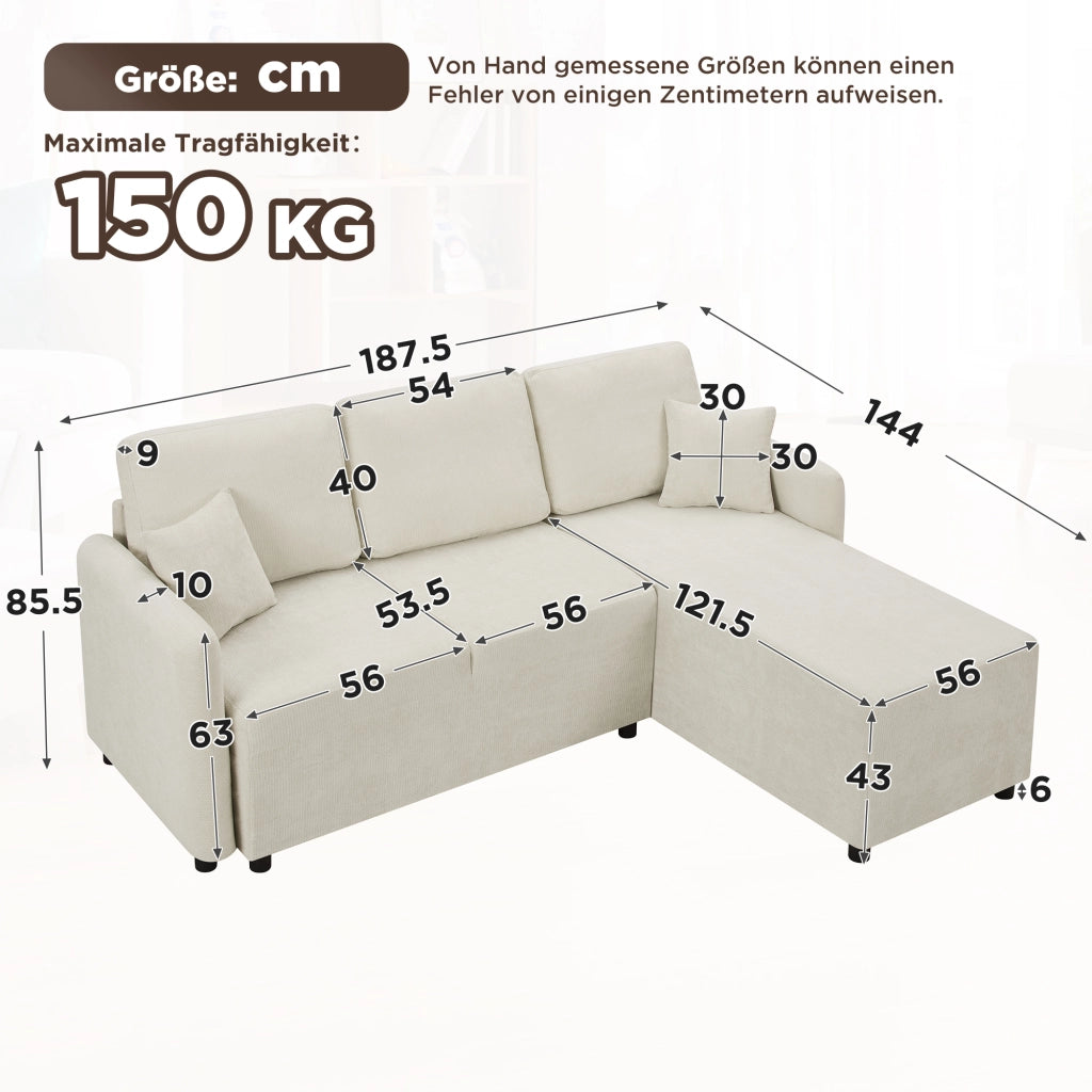 Divano angolare 3 posti in ciniglia con seduta relax e cuscini inclusi struttura in legno beige chiaro compatto