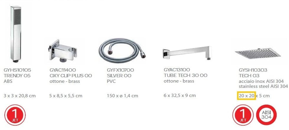 Set doccia a muro (soffione+doccetta) quadrato High Pro - Gedy - Kit con soffione 20x20