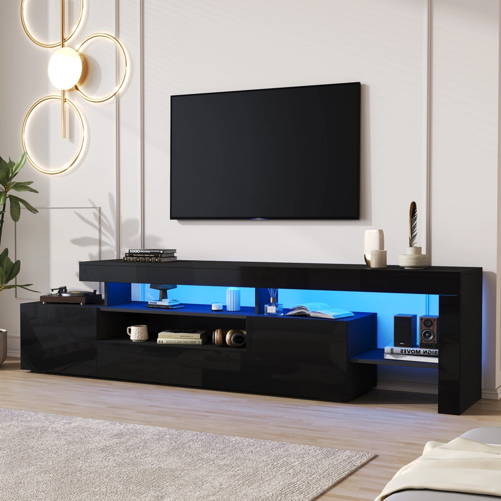 Mobile TV nero lucido con LED, 3 ante e vani aperti, 192x37x53 cm