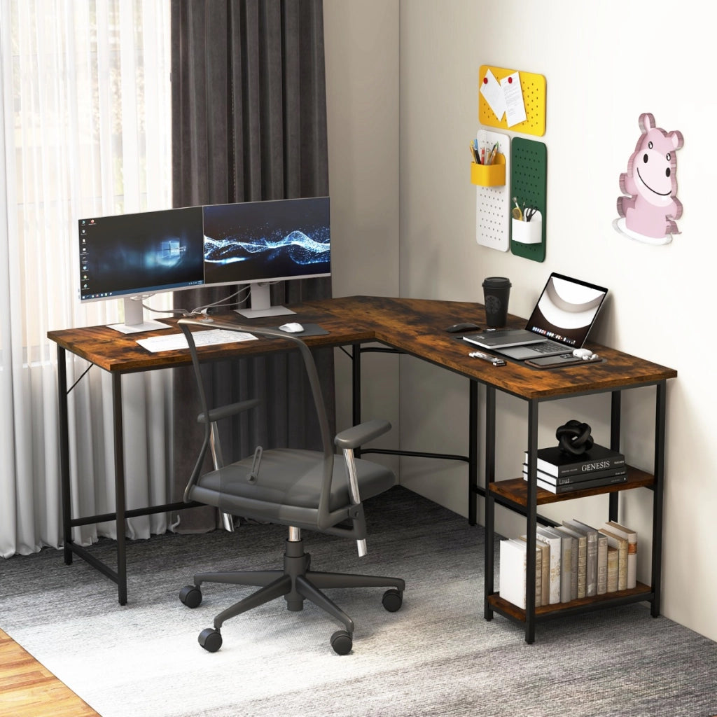 Scrivania per computer a L forma da 138cm, Scrivania da ufficio angolar con telaio in acciaio ripiano rimovibile Marrone-Scrivanie