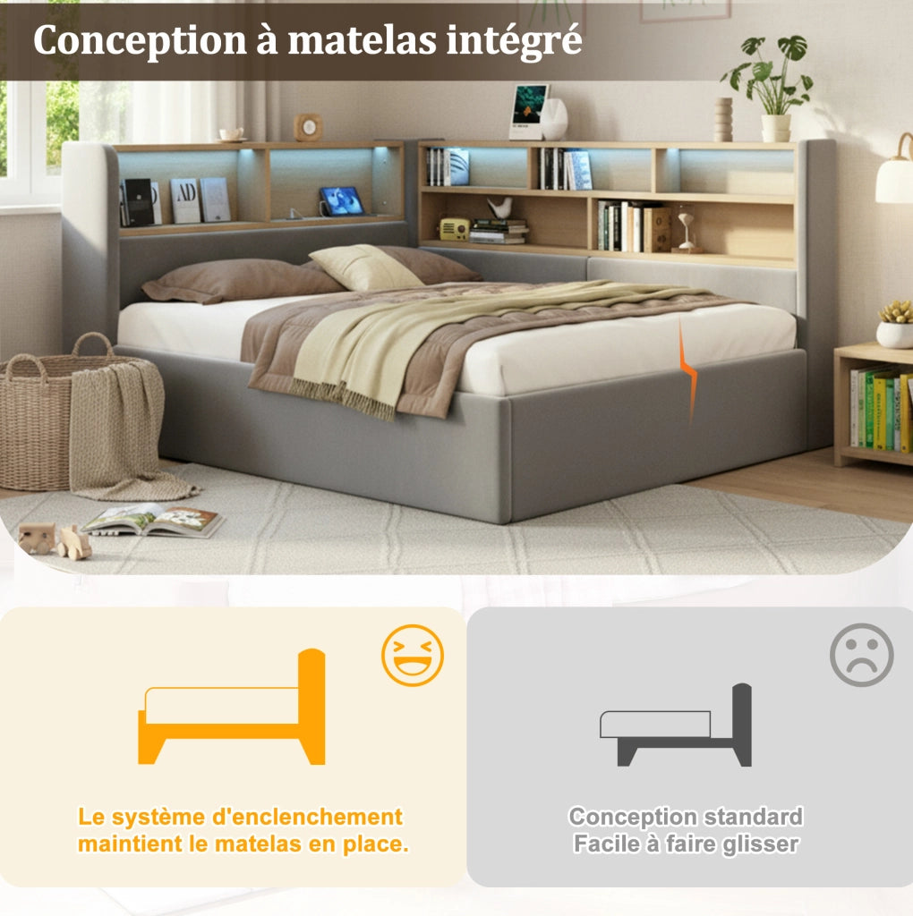 Letto daybed imbottito 140x200 cm con contenitore idraulico; LED; USB; velluto grigio