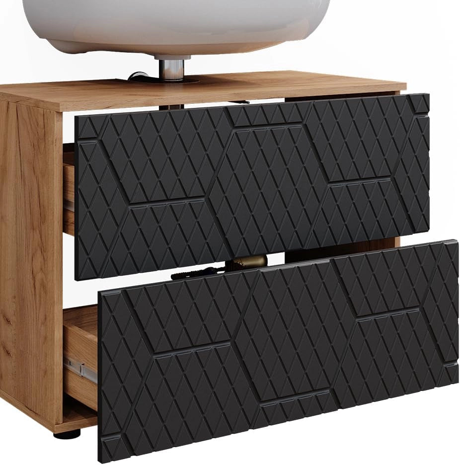 set mobili bagno Irma, Quercia dorata/Antracite, 3 pezzi, con cassettiera e mobile midi