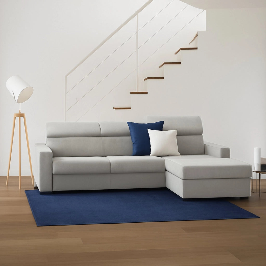 Divano fisso Ameno, Divano ad angolo, Made in Italy, SofÒ  Soggiorno con chaise longue, in tessuto imbottito - Penisola contenitore Destra, con Braccioli standard, cm 280x95h85, Grigio