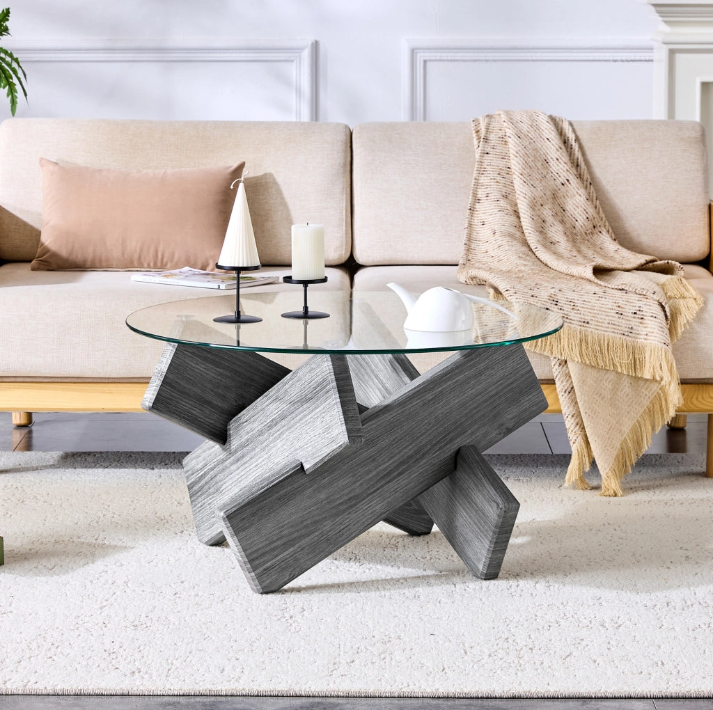 Tavolino da caffè rotondo 79x45 cm con base a croce in MDF e vetro grigio trasparente
