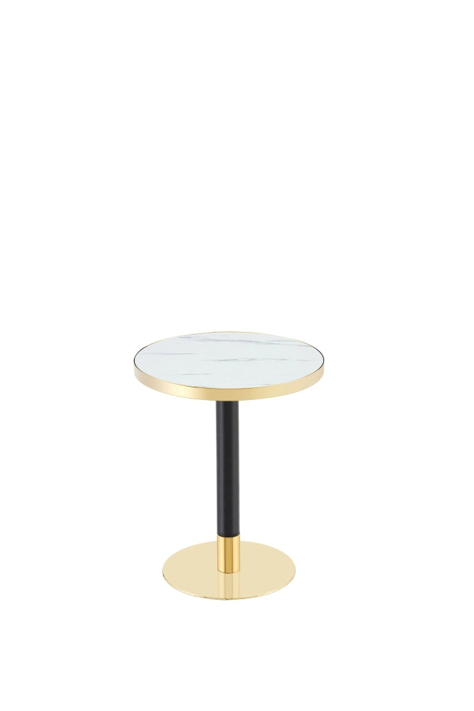 Tavolino rotondo in MDF effetto marmo bianco con bordo dorato e struttura in metallo