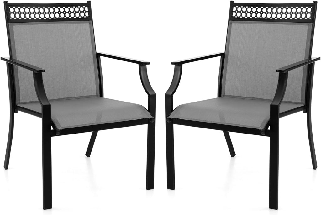 Set di 2 Sedie da Giardino in Textilene, Sedie da Esterno con Schienale Alto, Braccioli, Robusto Telaio in Metallo, Fino a 150 kg, per Patio Terrazza Balcone (Grigio+Nero)