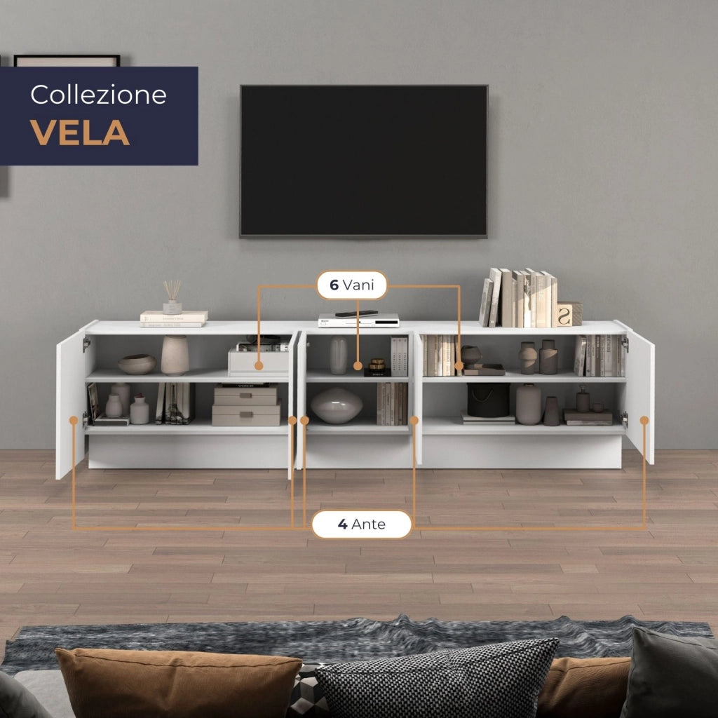 WHOUS Mobile porta TV Vela con 5 ante colore bianco lucido 225x35x60,4 cm