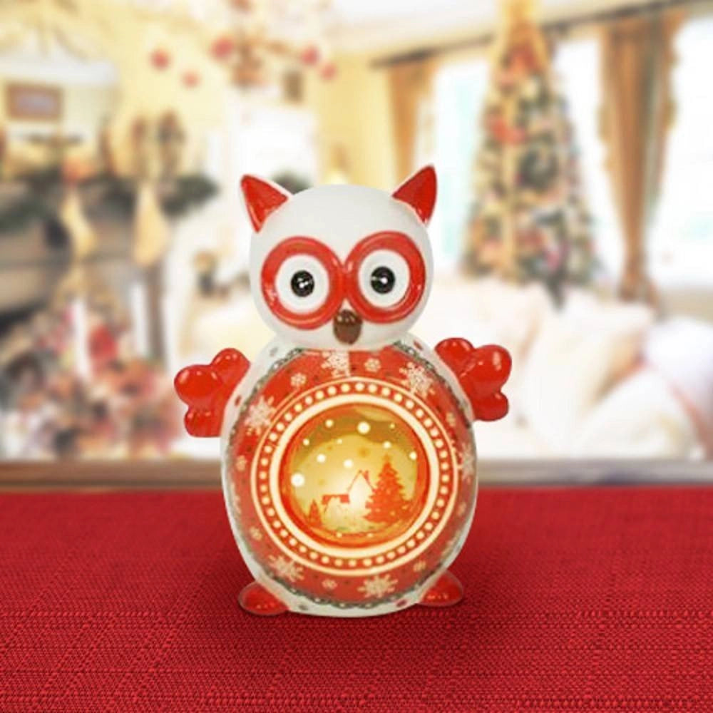 Trade Shop - Lanterna Ceramica Gufo Con Candela Elettrica 14 Cm Decorazioni Natalizie -