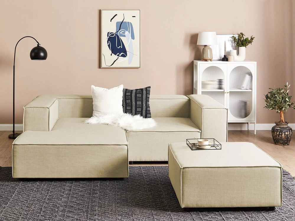 Divano ad angolo 2 posti in lino beige nero con poggiapiedi destro modulare stile moderno contemporaneo