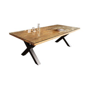 Tavolo da pranzo RAFTA 220 cm – Piano in legno massello di teak e vetro temperato – Gambe a X in metallo nero