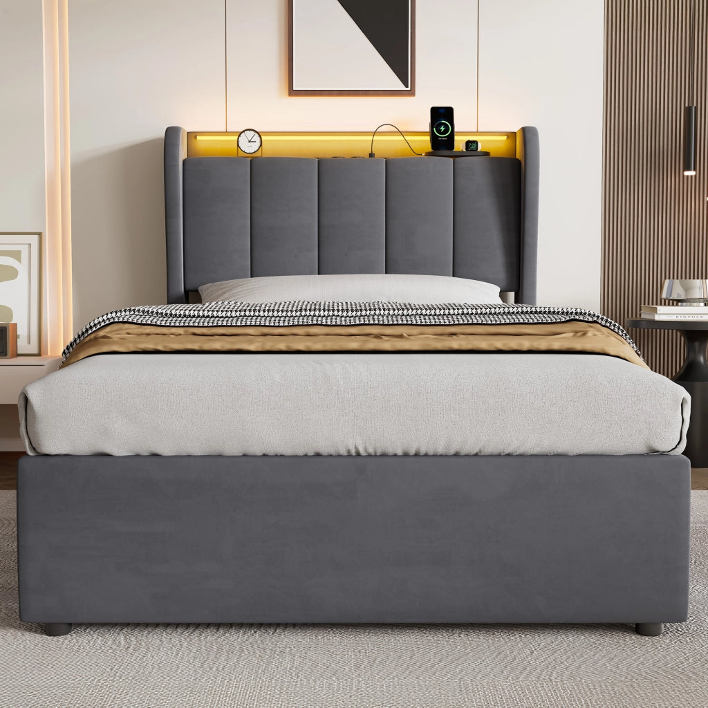 Letto singolo contenitore imbottito grigio scuro 90x200 cm con LED e ricarica USB