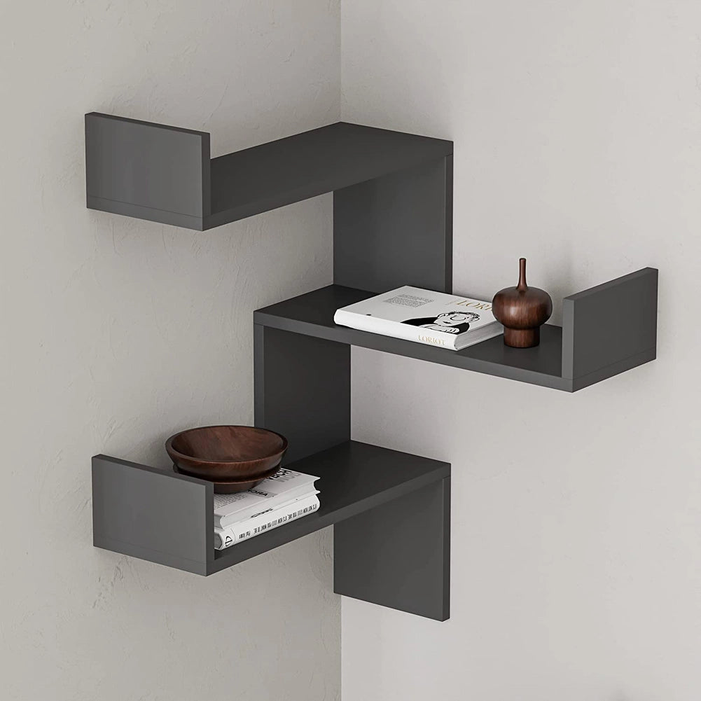 Mensola Scaffale Angolare da Parete 3 Piani Salvaspazio Antracite 60x22x90H cm
