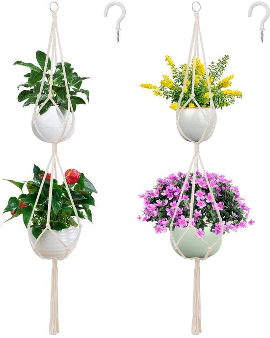 Macramé giardino per piante 2-strati, set di due portapianta a doppia impugnatura con pennelli, contenitore per piante appeso, set di contenitori per piante appesi in cotone a mano con 2 ganci a due parti