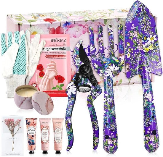 Set di giardinaggio da 10 pezzi con guanti, vanga, cesoie, lama di coltello, candele, crema per mani e disegno di fiori in confezione regalo elegante