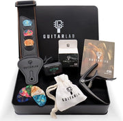 Set Accessori per Chitarra - Scatola in Metallo con Cinturino per Chitarra, Capo, Tuner Clip-on e Picchetti