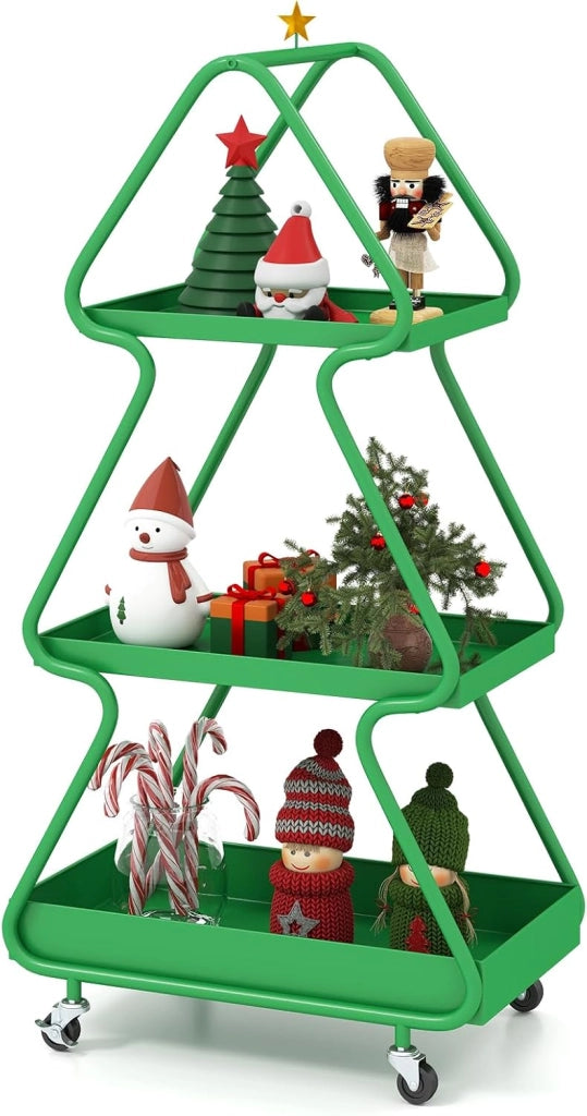 Carrello Natalizio Girevole a 3 Livelli, Carrello Porta Albero di Natale con Stella in Alto, Struttura Metallica con Ruote, per Soggiorno e Camera da Letto