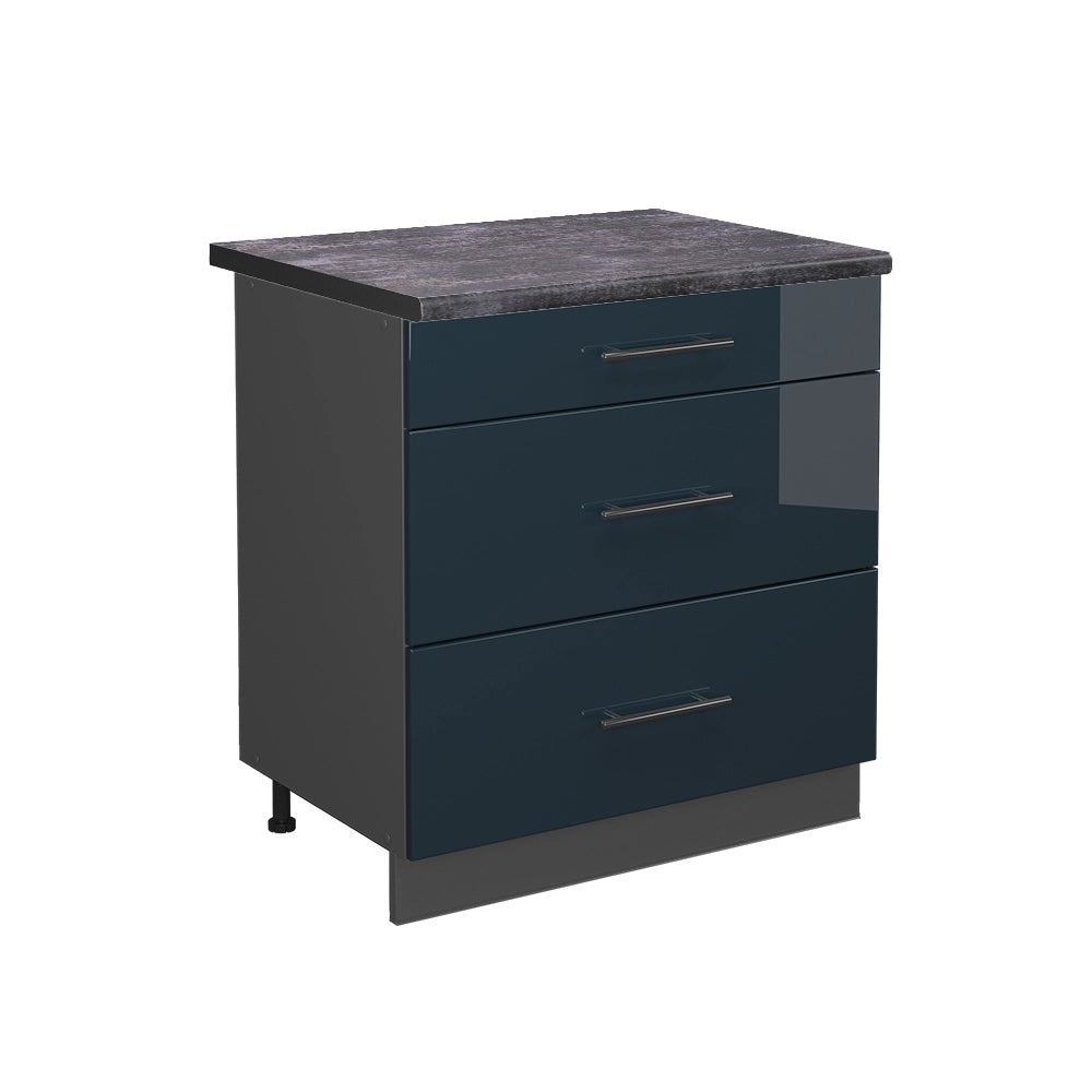 Mobiletto base per cucina Fame-Line Blu scuro lucido/Antracite 80 cm con 3 cassetti, PL Antracite Vicco