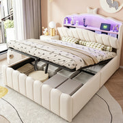 Letto imbottito per bambini 140 x 200 cm con contenitore idraulico; LED; USB e USB-C beige