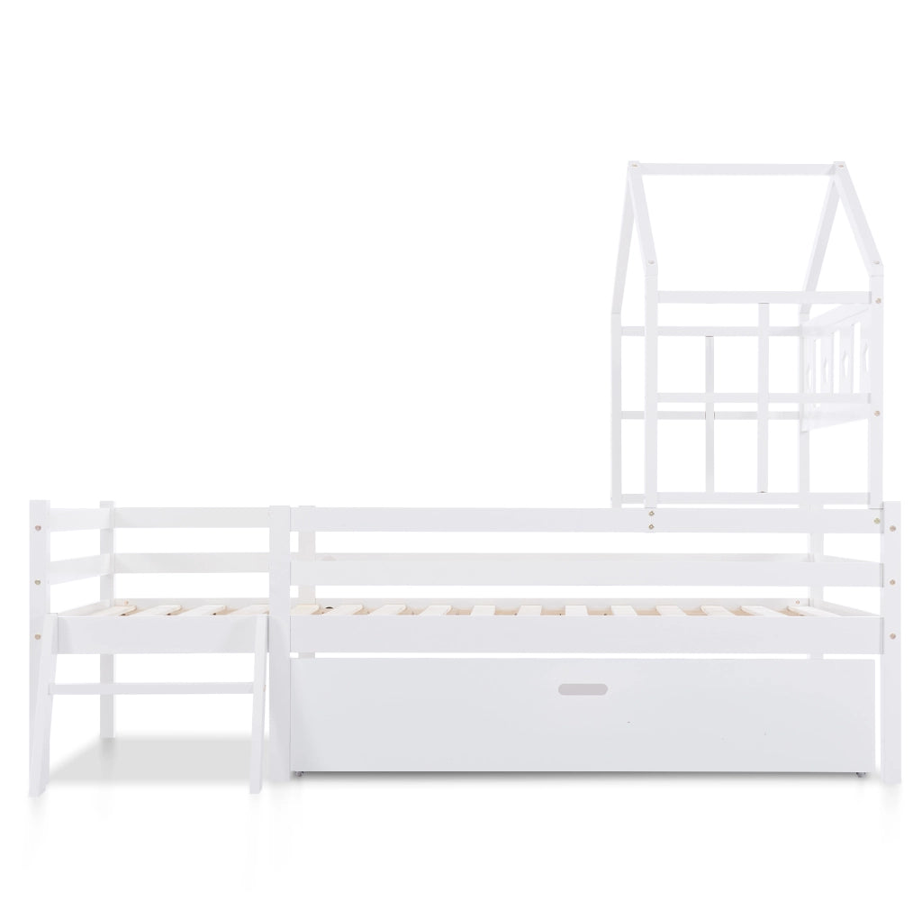 Letto rialzato per bambini con scaletta e cassetto; pino massello; bianco 90x200 cm