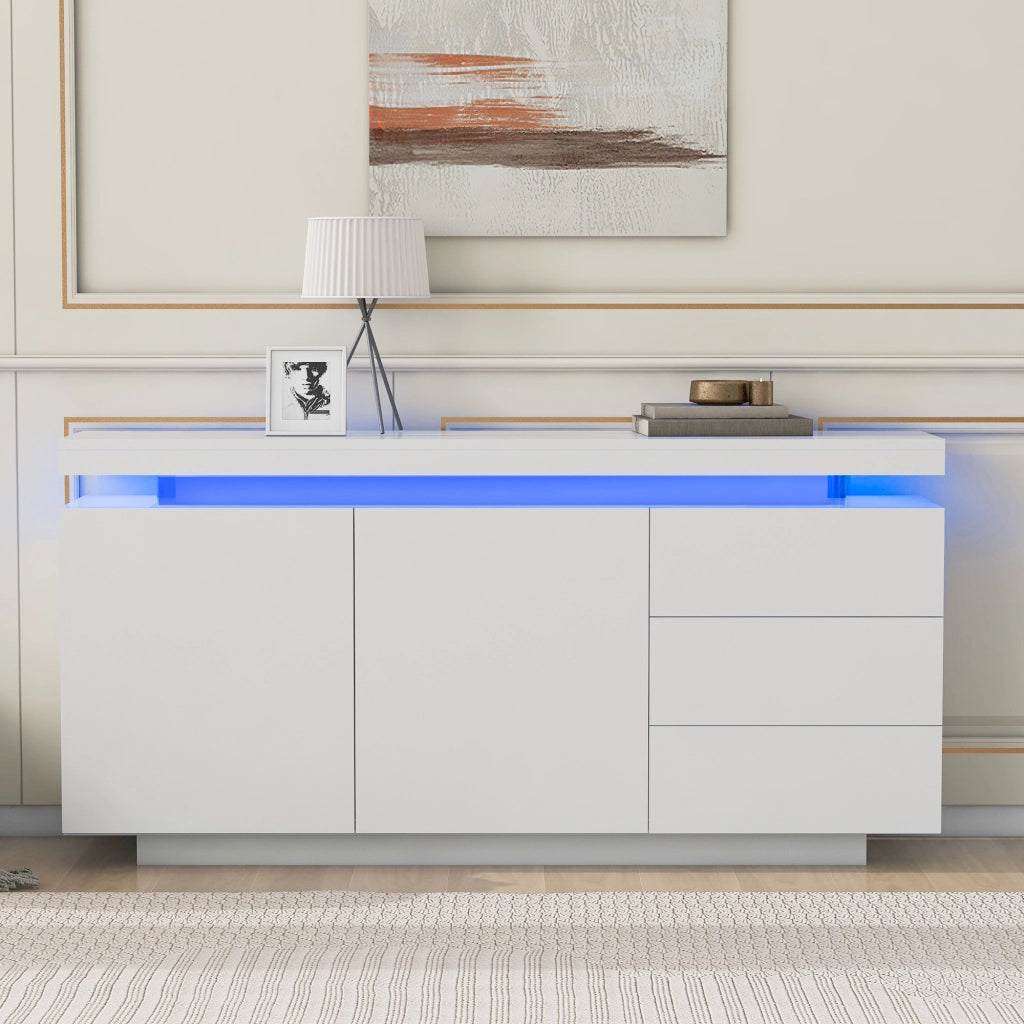 Credenza con 2 ante; 3 cassetti e LED; per soggiorno; 140x35x72.5 cm; bianco