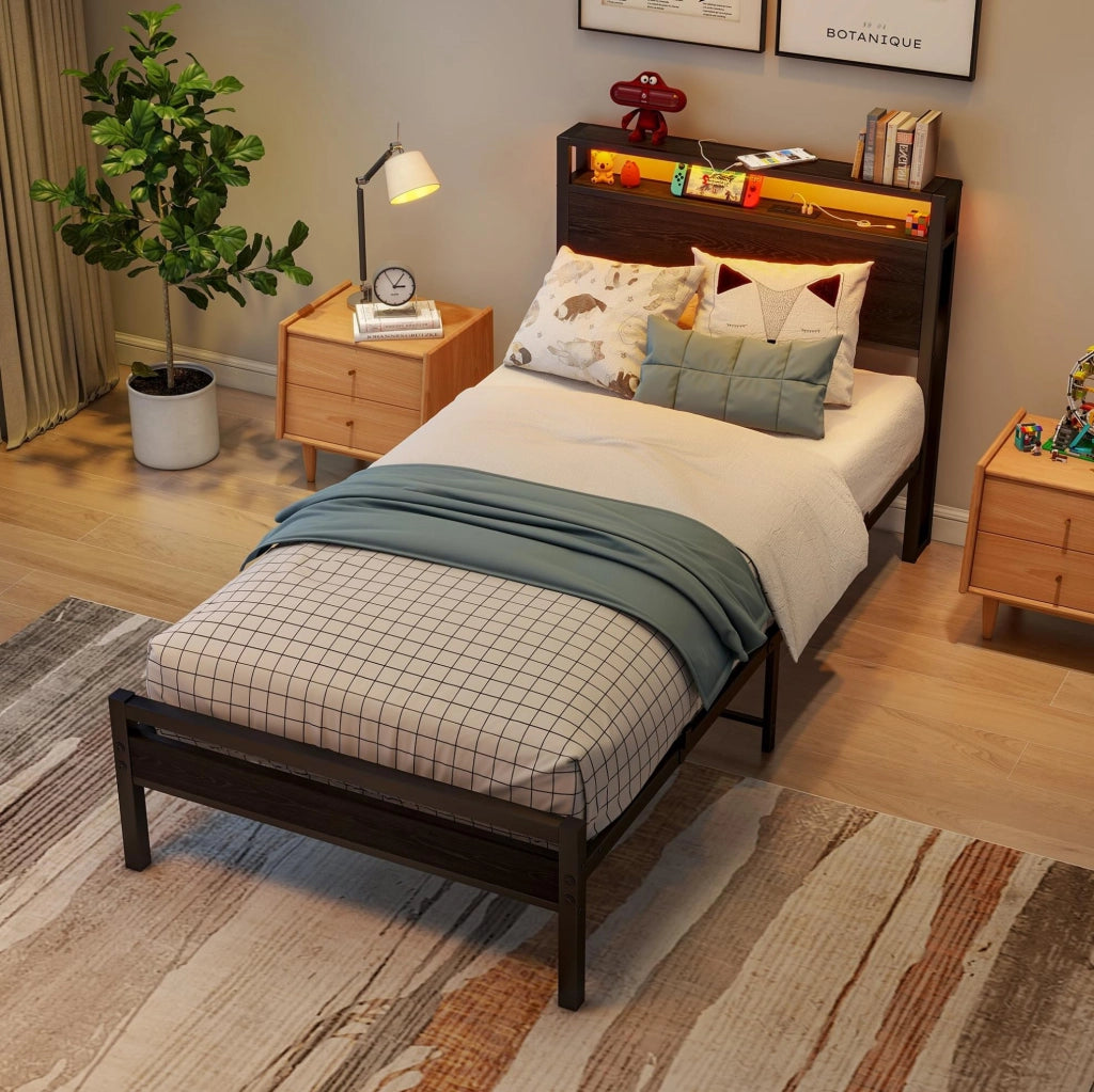 Letto singolo 90x200 cm in metallo con USB e testiera contenitore