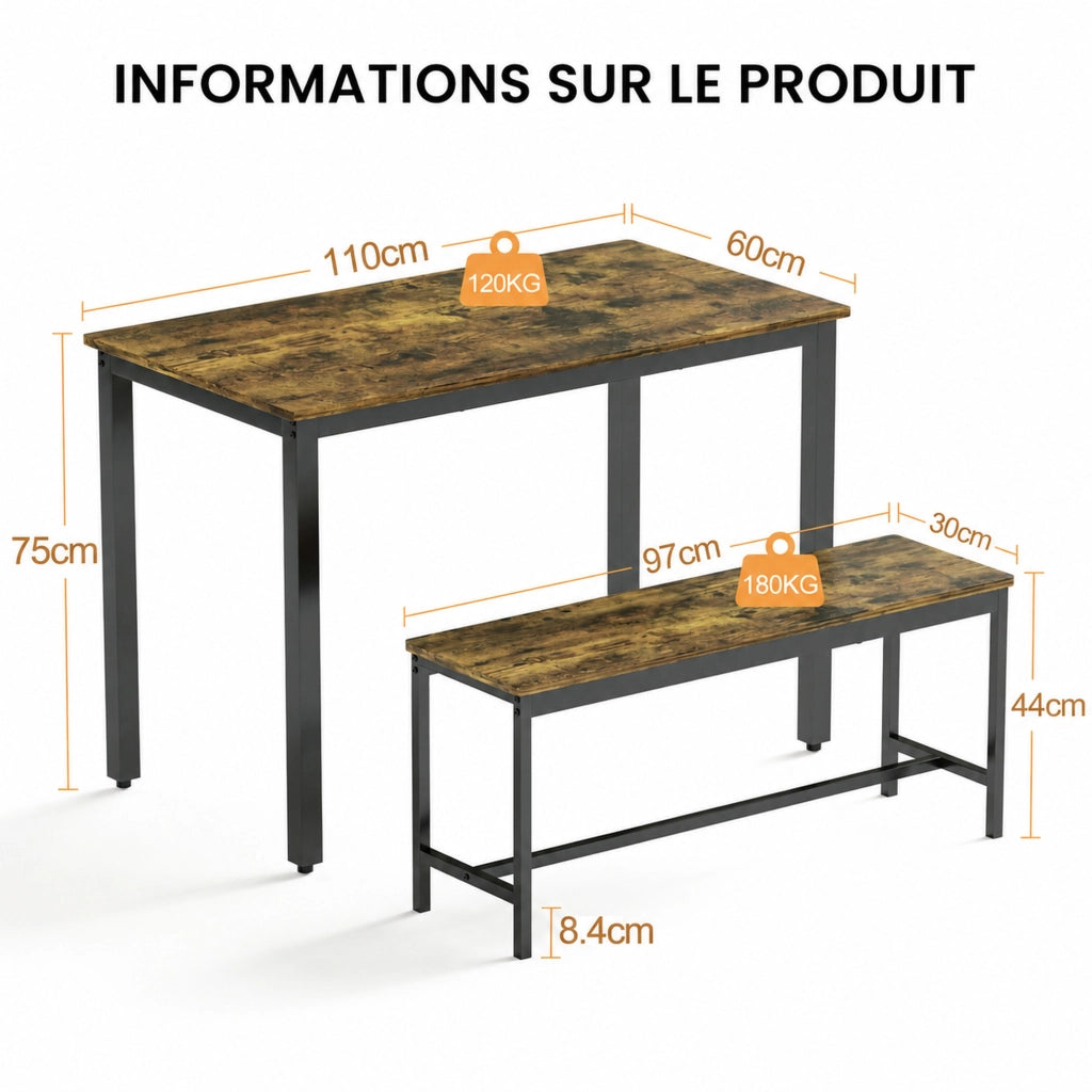 TAVOLO Set da pranzo 110 x 60 x 75 cm Rustico Marrone e Nero per 4 persone