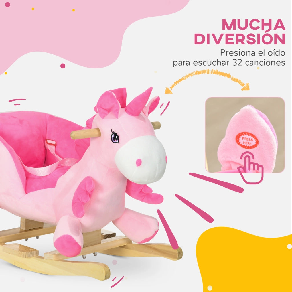 Cavallo a dondolo unicorno per bambini con musica e cintura di sicurezza ¨C Xylo ¨C Rosa 65x35x45cm