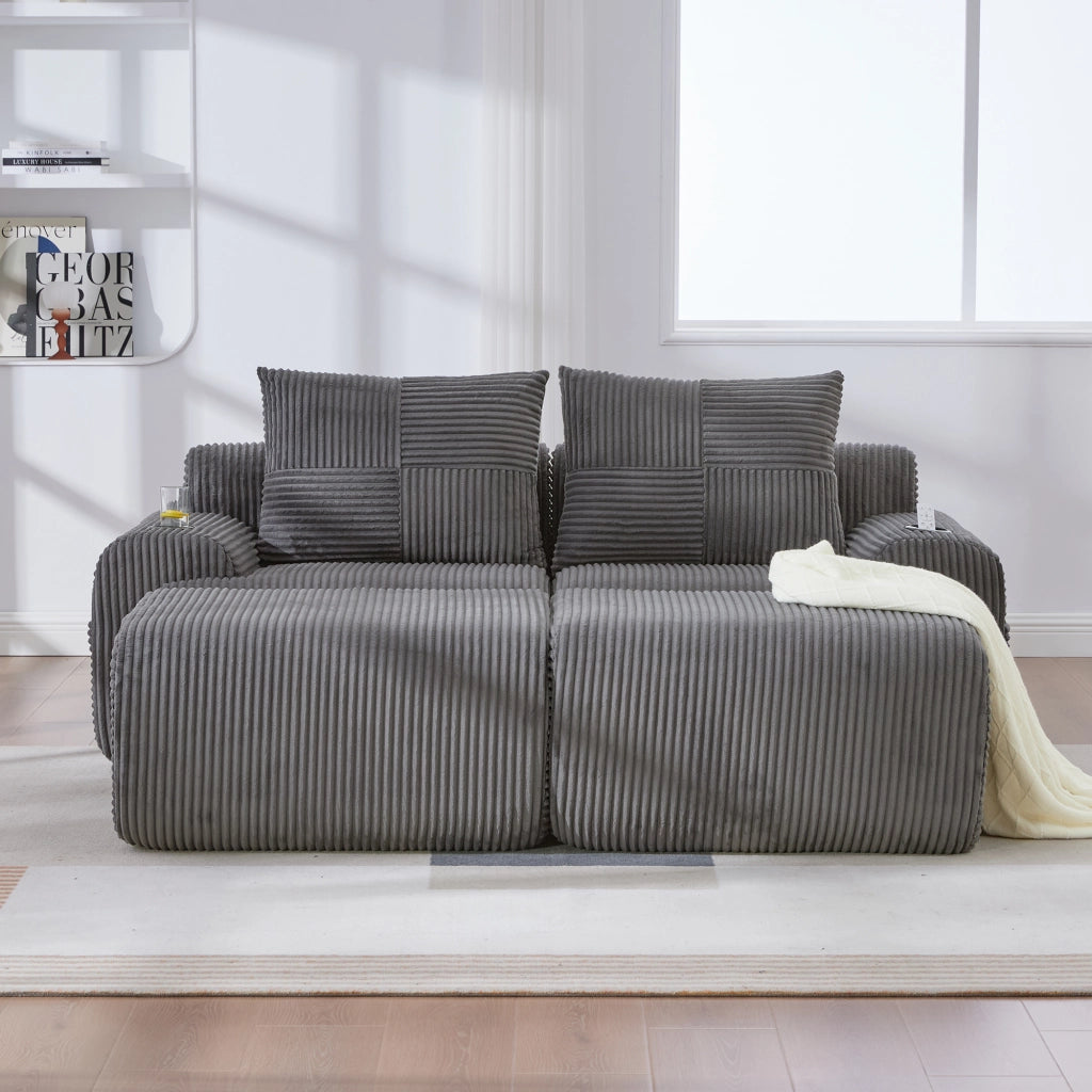 Divano modulare 2 posti con portabevande e tasca laterale in tessuto a coste grigio scuro, 200 × 174 × 80 cm