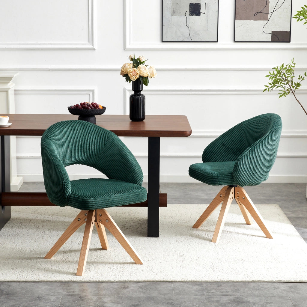 Sedia da pranzo set da 2 girevole a 360° con schienale avvolgente e gambe in legno, velluto verde scuro