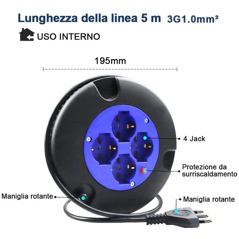 Avvolgicavo Elettrico Prolunga Elettrica 5 Metri 4 Prese Polivalenti Schuko + 10A/16A Spina 16A