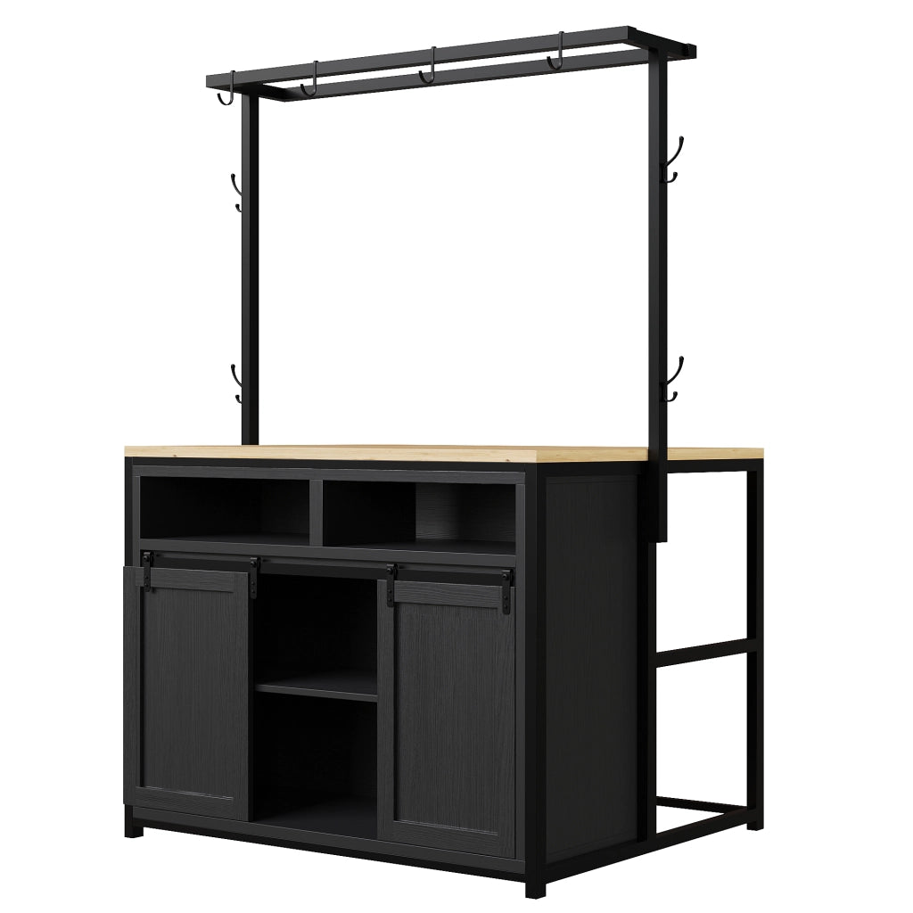 Mobile da cucina, tavolo da bar, con prese di corrente, ganci, finitura effetto legno, nero e color legno naturale