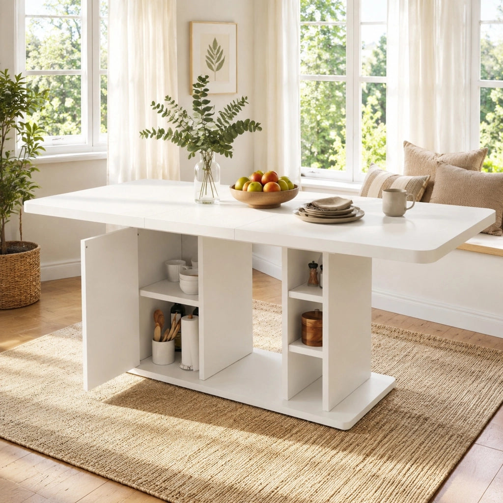 Tavolo da pranzo allungabile per 6-8 persone con mobile e ripiani; stile scandinavo; in MDF bianco; 140/180 × 80 cm