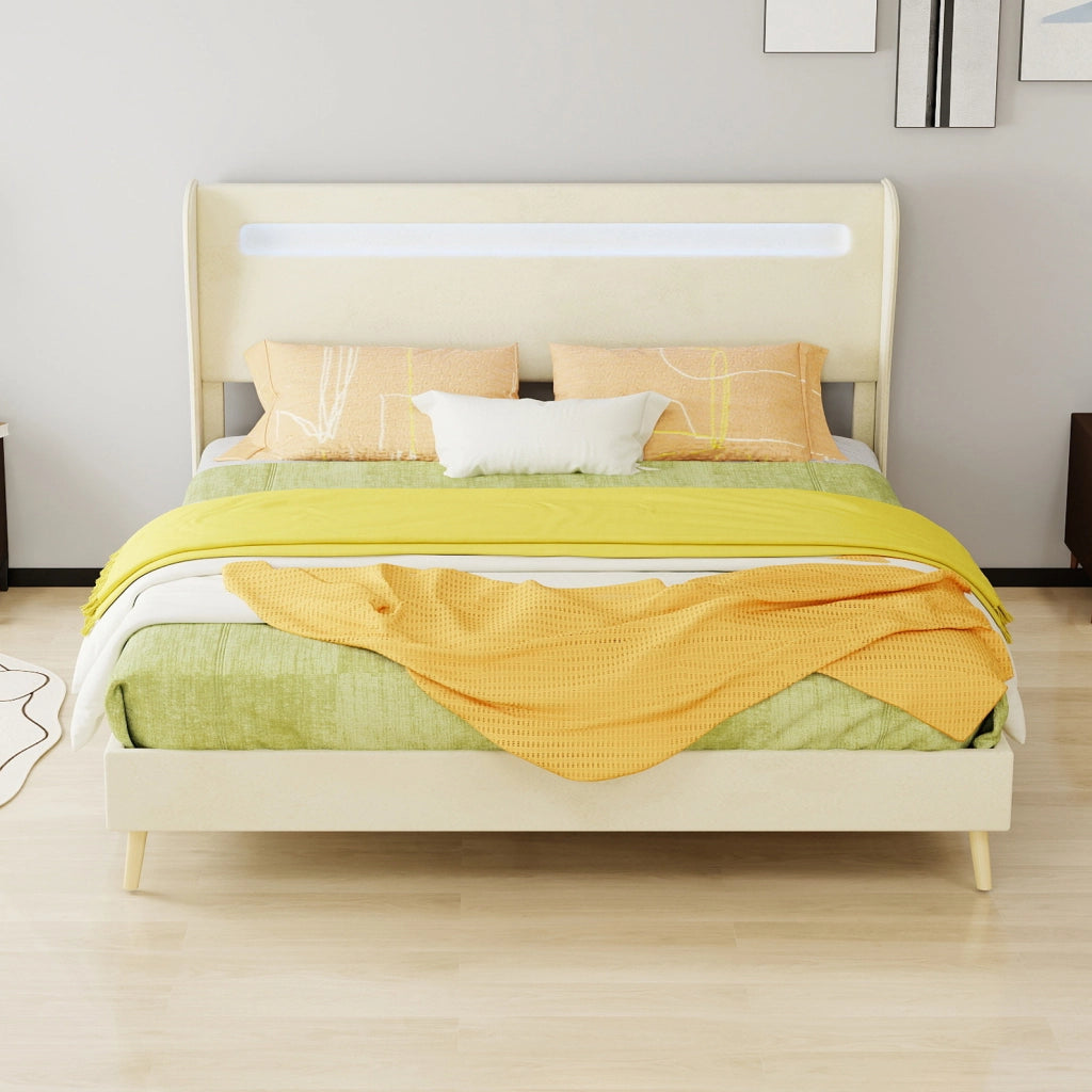 Letto basso 160x200 cm con testiera regolabile e LED multicolore; tessuto e metallo; beige