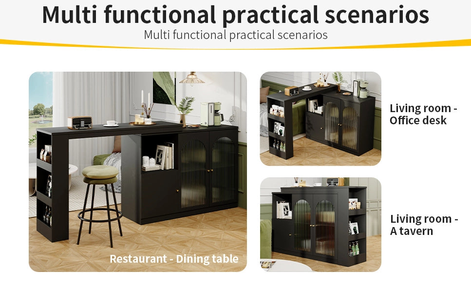 Bartisch mit 360° Drehfunktion aus MDF, 120 x 40 x 97 cm, moderner schwarzer Ess- und Barschrank mit Glasfront