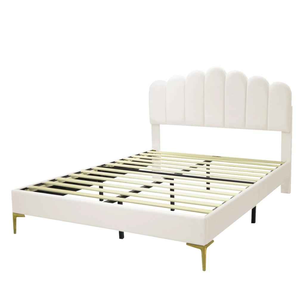 Letto matrimoniale 140x200 cm testiera regolabile in MDF e velluto beige (Senza materasso)