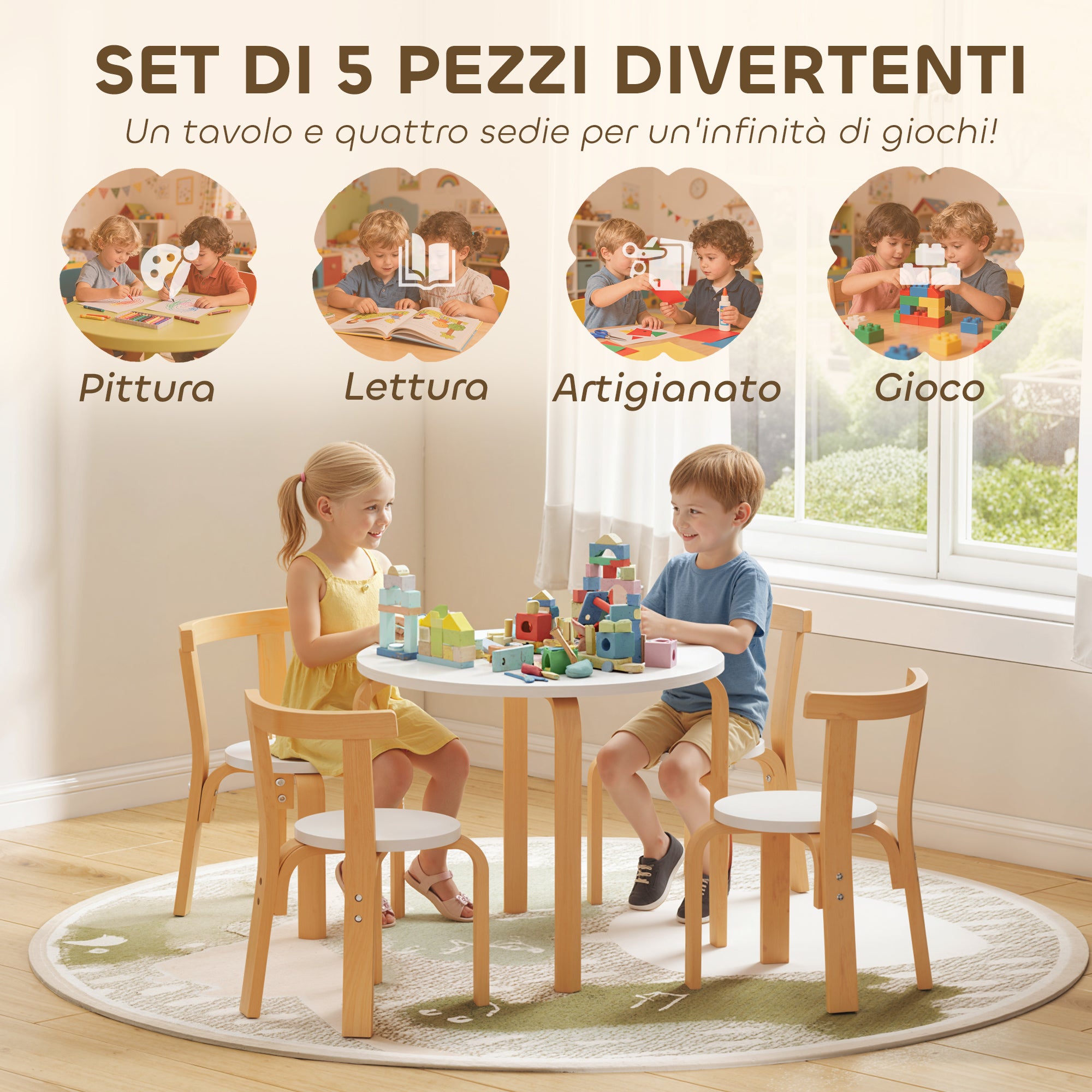 Set Tavolo e 4 Sedie per Bambini 3-8 Anni 5 pz con Bordi Arrotondati in Legno Bianco