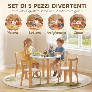 Set Tavolo e 4 Sedie per Bambini 3-8 Anni 5 pz con Bordi Arrotondati in Legno Bianco