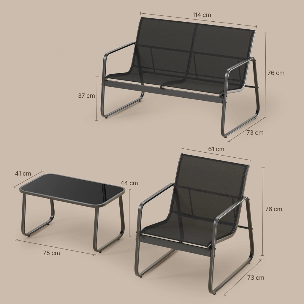 Set da Giardino 4 Pezzi, Mobili da Esterno in Tessuto Teslin, Salotto da Patio con 2 Poltrone, 1 Divano Doppio e 1 Tavolino in Vetro, per Giardino, Balcone e Terrazza (4pcs Set)