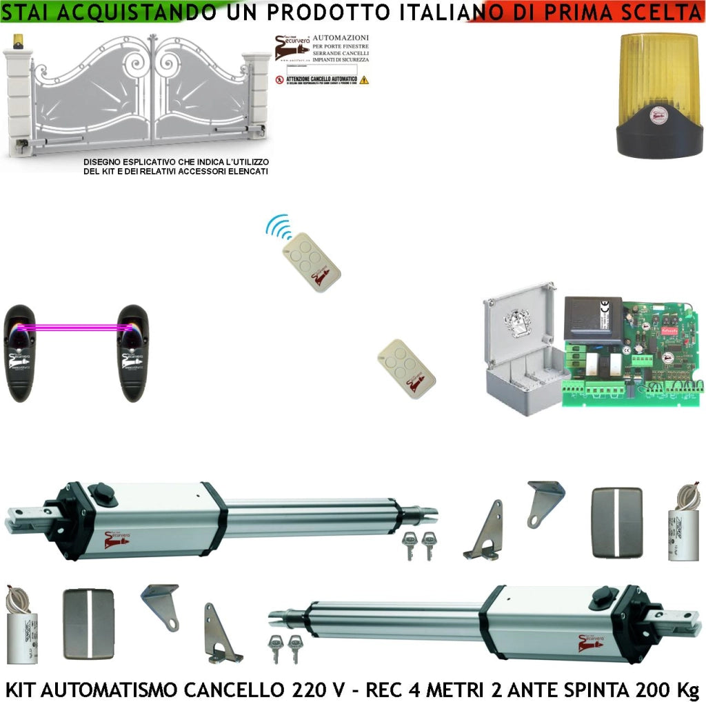 Cancello Automatico 4 Metri 2 Ante Kit Motori 230 V Stelo Retrattile Autobloccante Corsa 300 MM 2 Radiocomandi Fotocellule Faro Chiave Cartello Monitore Centrale Luce di Cortesia Condominiale Pedonale