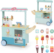 Gelateria Giocattolo per Bambini con Gelatiera, Carrelo dei Gelati in Legno con Ruote e Maniglia, Negozio di Gelati Giocattolo con Cassa e 15 Accessori, per Bambini di 3 + Anni (Verde)