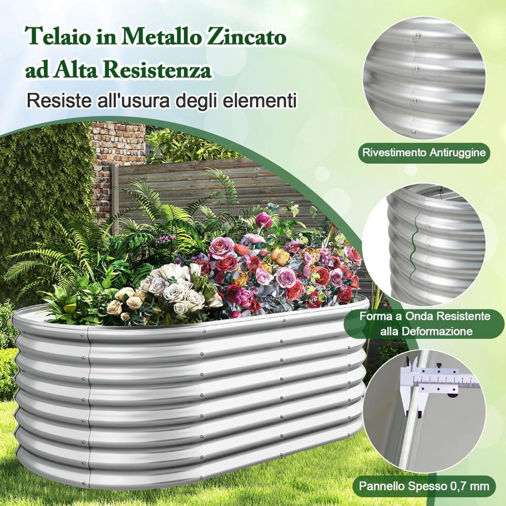 Letto da Esterno Rialzato in Metallo, Aiuola Rialzata in Ovale con Design a Fondo Aperto, Protettori d'Angolo Rinforzati, Orto Rialzato da Esterno per Verdure, Fiori, Erbe Aromatiche (Argento)