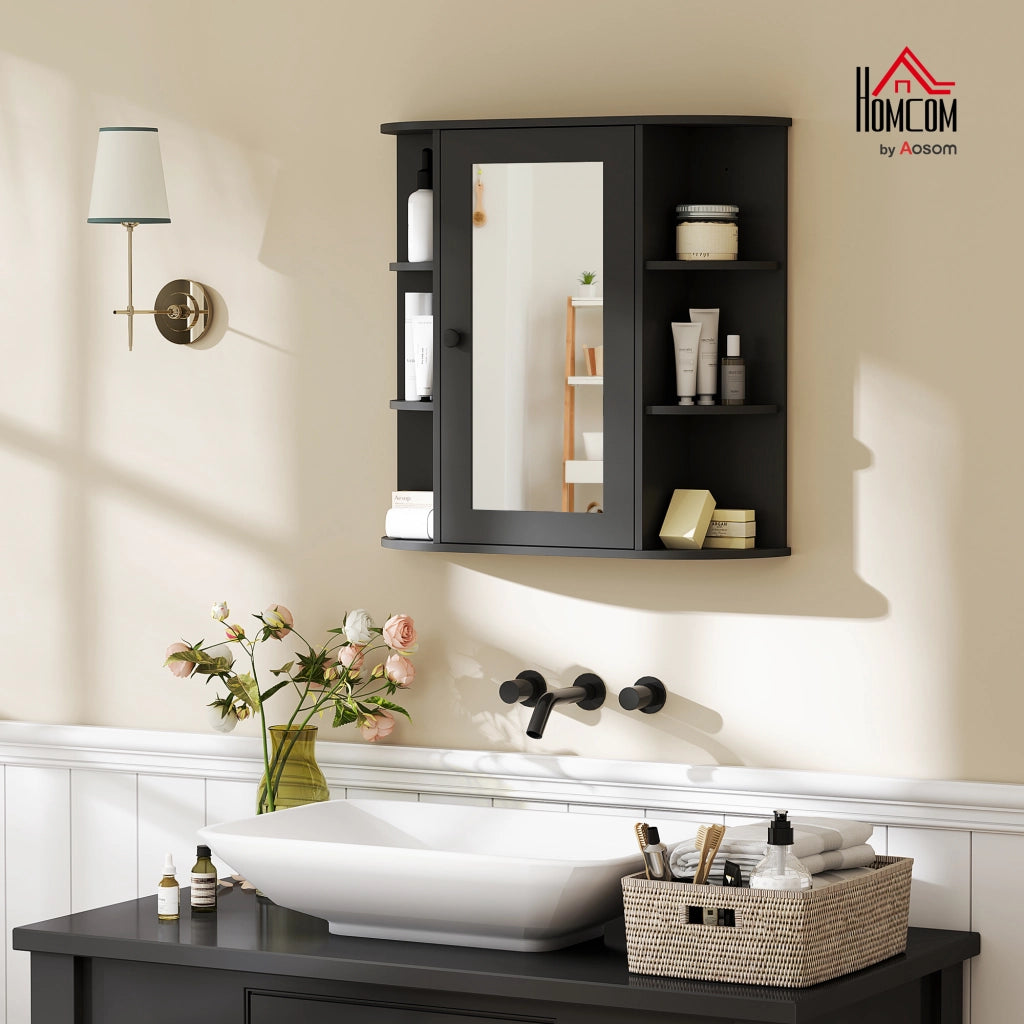 Armadio con Specchio da  Bagno 66x17x63 cm con 6 Ripiani Aperti e 2 Chiusi in Legno e Vetro Nero