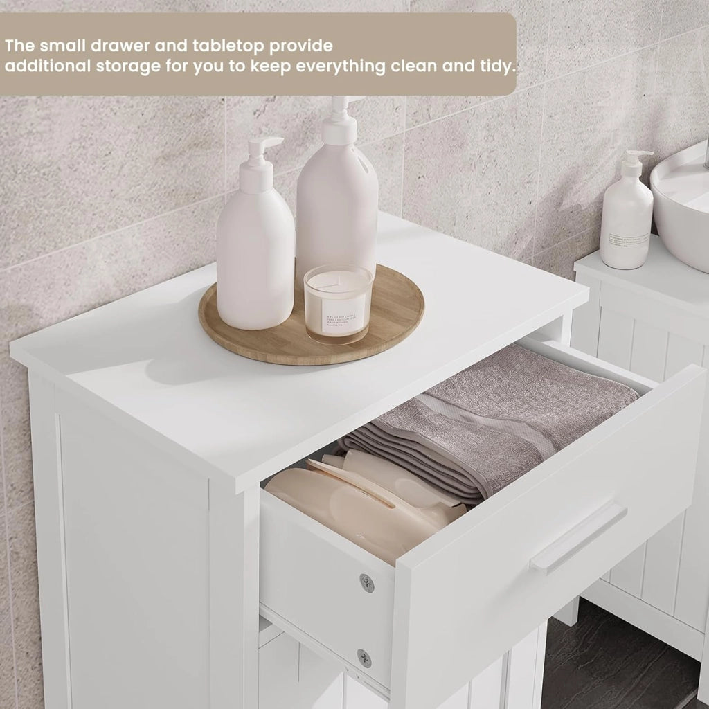 Mobile da Bagno con Portabiancheria, Cesto Portabiancheria, Mobiletto da Bagno con Cassetto, Portabiancheria a 2 Scomparti, in MDF e Tessuto, Bianco, 42x30x82cm