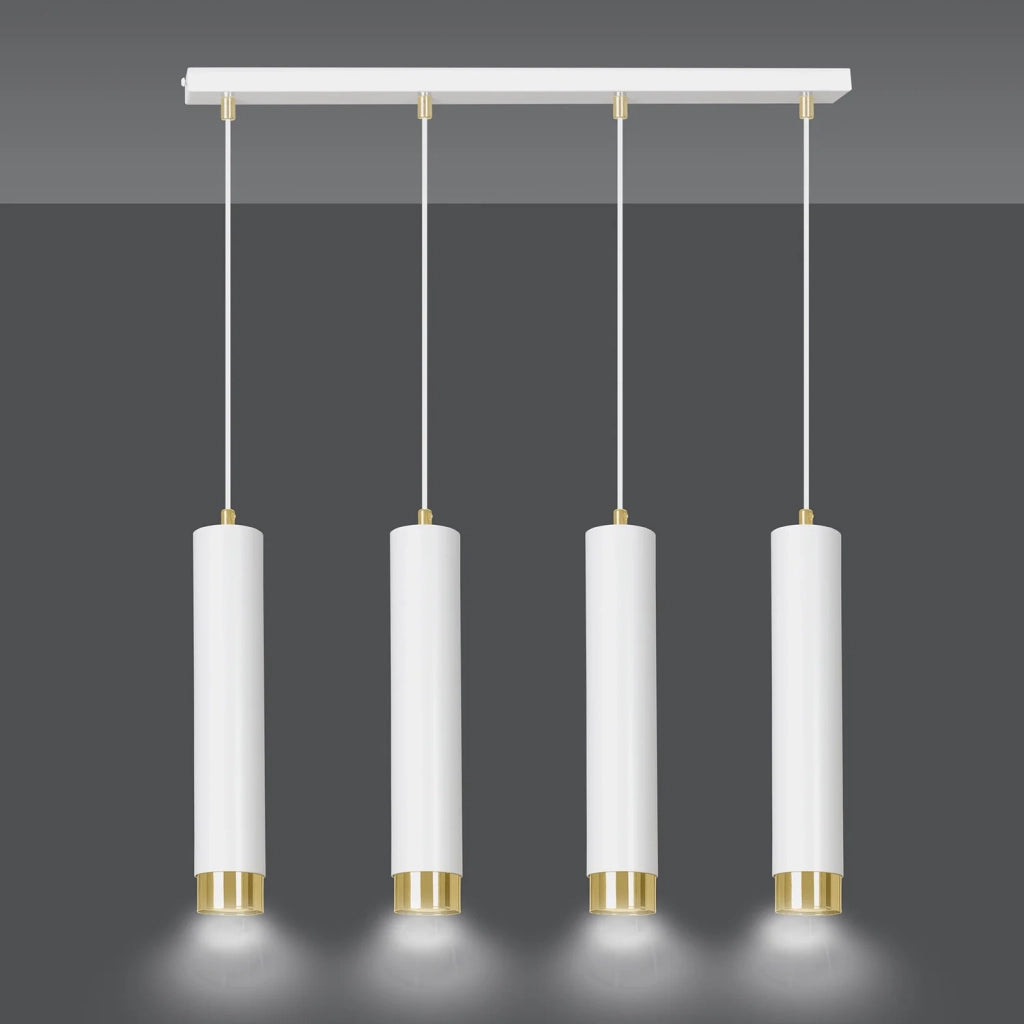 Lampadario 4 Luci Brunilde In Acciaio Bianco E Tubolari In Bianco E Oro