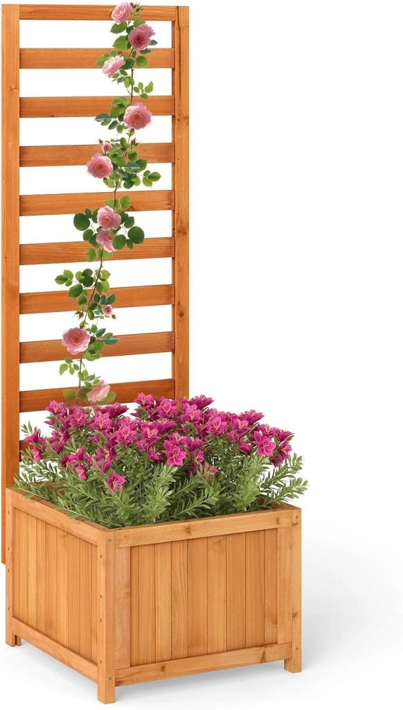 Letto da Giardino Rialzato in Legno con Traliccio, Fioriera Elevata con Fori di Drenaggio & Spazi per Piante Rampicanti, Viti, Fiori, Verdure, Fioriera per Interni ed Esterni (Arancione)
